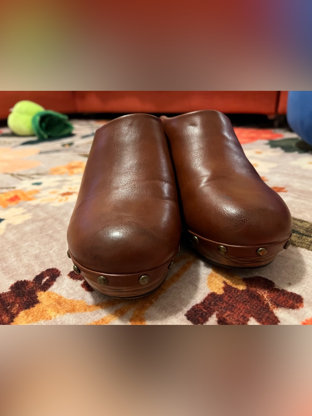 Like NEW Brown Leather Clogs with Stud Detailing
